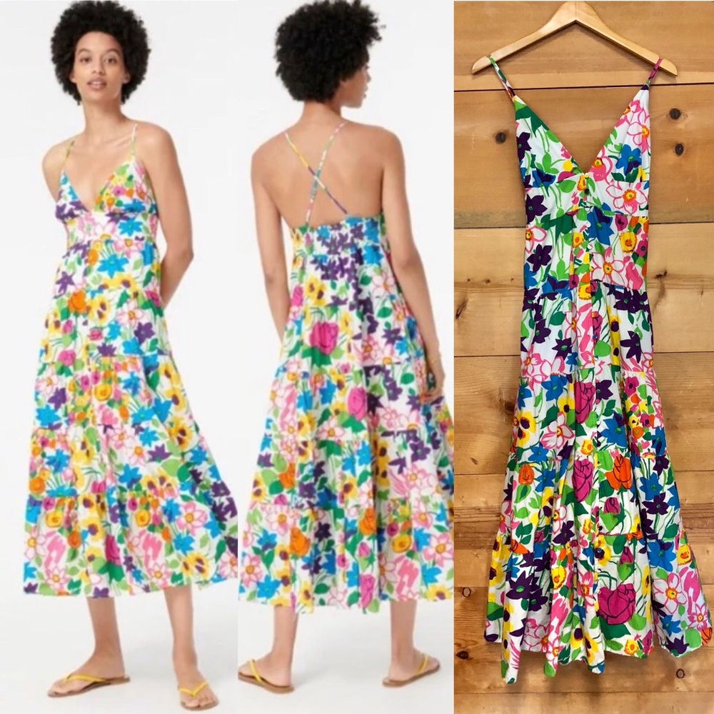 Jcrew strappy tier floral poplin tropical boho button front v neck maxi dress